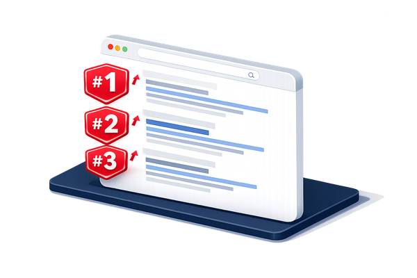 Browser met #1, #2 en #3 posities in Google zoekresultaten voor hogere organische rankings