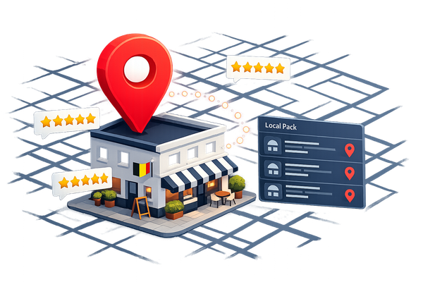 Lokale SEO illustratie met Google Local Pack, locatiepin en klantenreviews voor een Belgische winkel