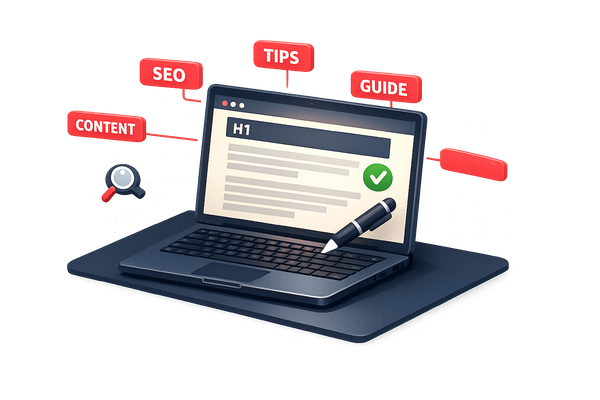 Laptop met SEO-optimalisatie tips voor het schrijven van on-page content met H1-structuur