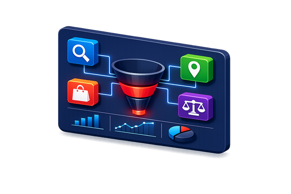 Dashboard met zoekintentie-analyse iconen voor informatief, commercieel en navigatiegericht zoekverkeer