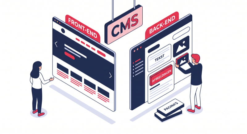 Illustration of a CMS: the front-end visitors see and the back-end where you manage content