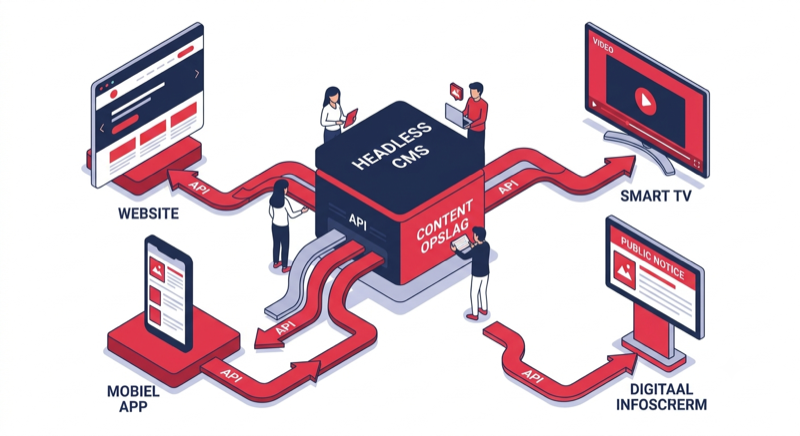Headless CMS: one content store feeding a website, mobile app, smart tv and digital information screen via APIs